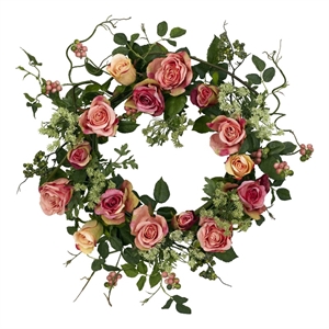 Nearly Natural 20&quot Rose Blooms Wreath with Lush Leaves in Orange