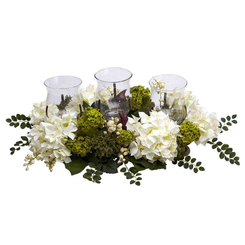Nearly Natural Snowball Hydrangea Triple Candelabrum in White/Clear