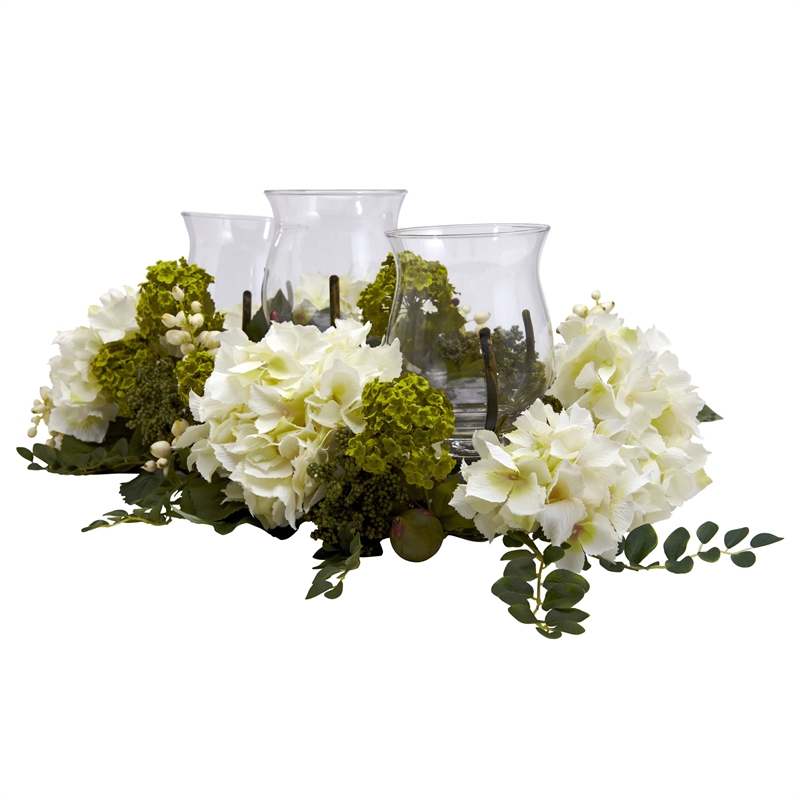 Nearly Natural Snowball Hydrangea Triple Candelabrum in White/Clear
