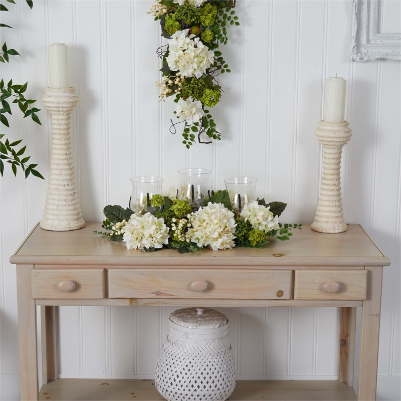 Nearly Natural Snowball Hydrangea Triple Candelabrum in White/Clear