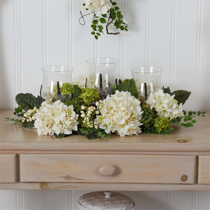 Nearly Natural Snowball Hydrangea Triple Candelabrum in White/Clear