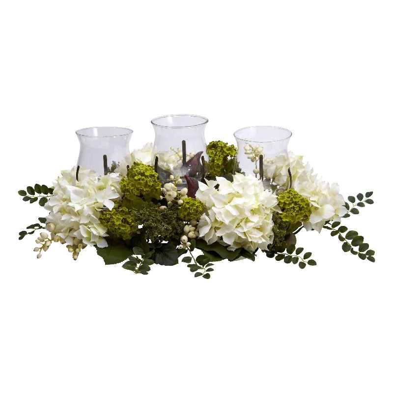 Nearly Natural Snowball Hydrangea Triple Candelabrum in White/Clear