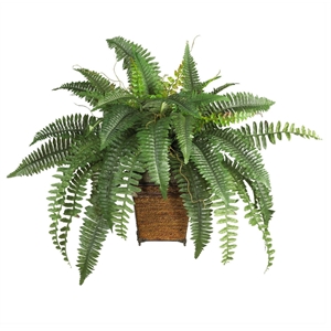 Nearly Natural Boston Fern with Wicker Basket Silk Plant in Green/Brown