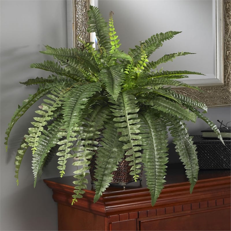 Nearly Natural Boston Fern with Wicker Basket Silk Plant in Green/Brown