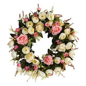 Nearly Natural 20&quot Silk Roses Artificial Wreath in White & Pink