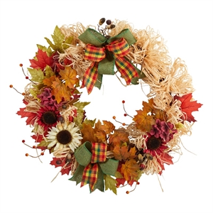 30&quot Harvest Sunflower/Maple Leaves/Berries Artificial Wreath with Bows in Orange