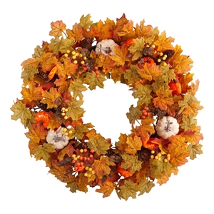 Nearly Natural 30&quot Autumn Pumpk- and Maple Leaf Artificial Fall Wreath - Orange