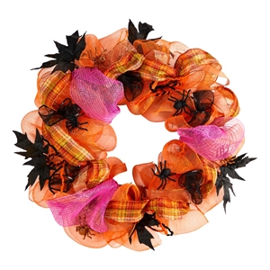 Nearly Natural 26&quot Spooky Halloween Spider Mesh Wreath in Orange