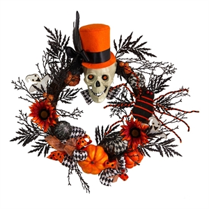 Nearly Natural 30&quot Spider and Skull with Top Hat Halloween Wreath in Orange