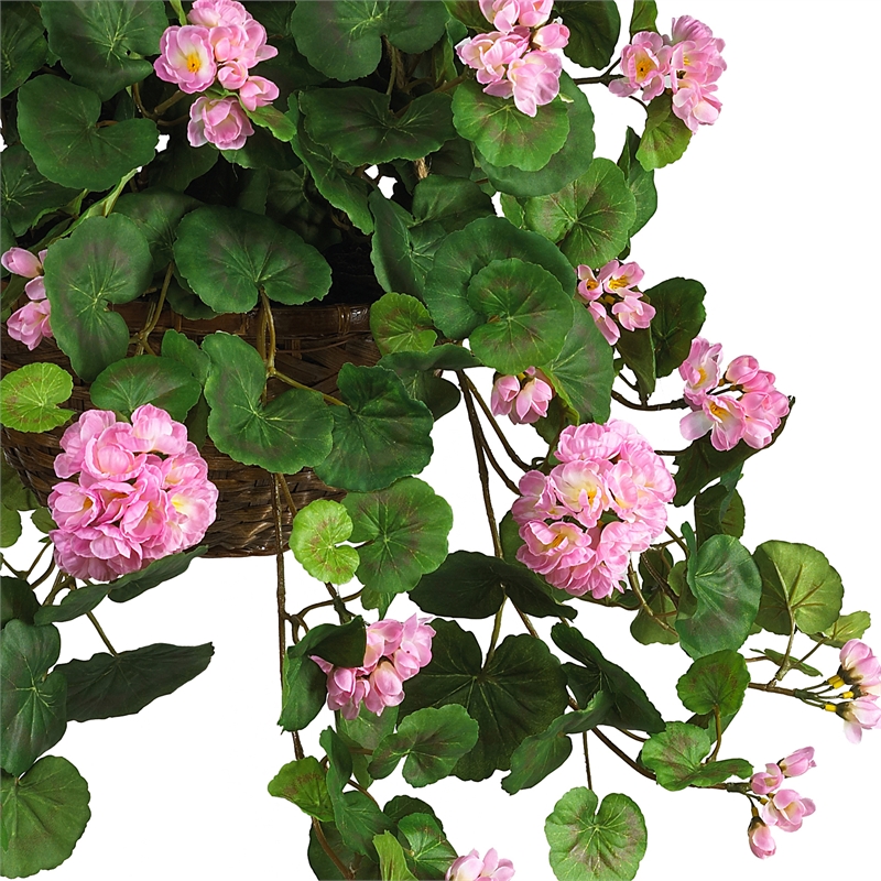 Nearly Natural Geranium Hanging Basket Silk Plant in Pink/Brown