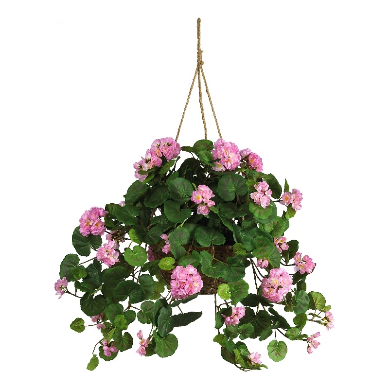 Nearly Natural Geranium Hanging Basket Silk Plant in Pink/Brown