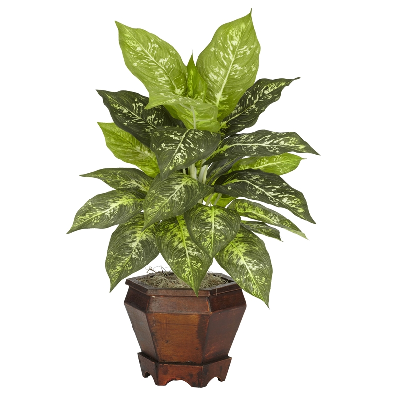 Nearly Natural Dieffenbachia with Wood Vase Silk Plant (Set of 2) in Green/Brown