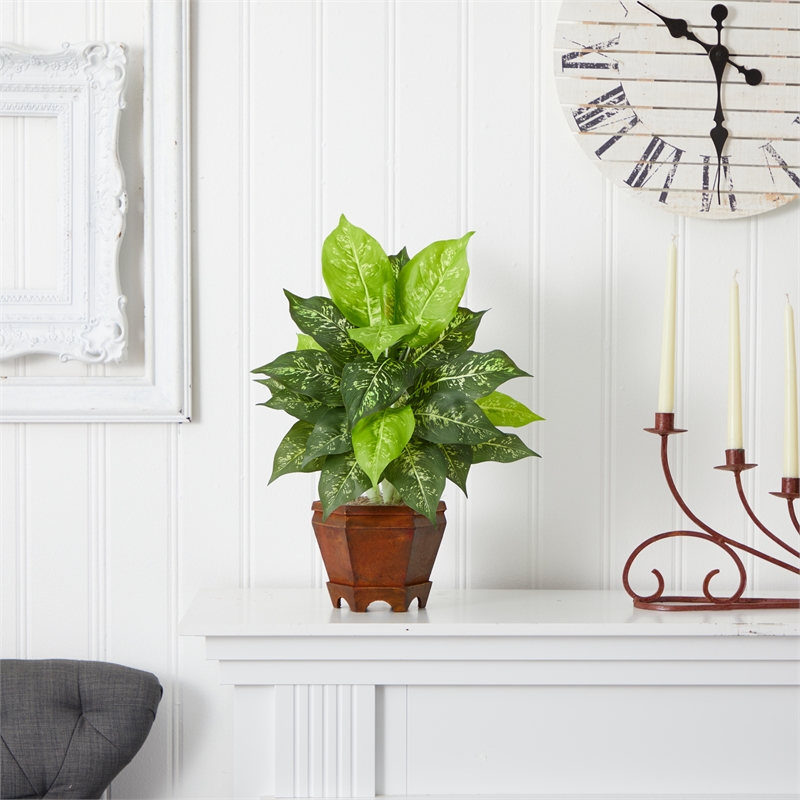 Nearly Natural Dieffenbachia with Wood Vase Silk Plant (Set of 2) in Green/Brown