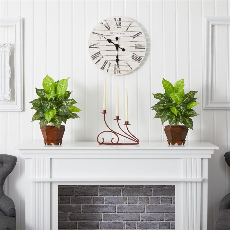 Nearly Natural Dieffenbachia with Wood Vase Silk Plant (Set of 2) in Green/Brown