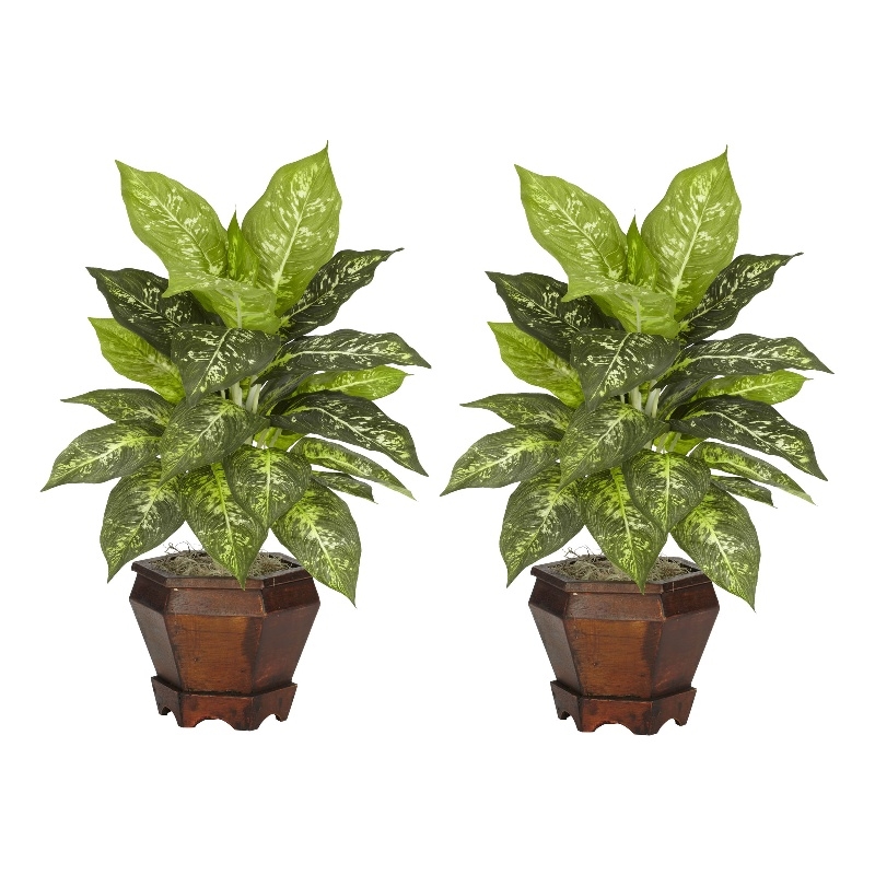 Nearly Natural Dieffenbachia with Wood Vase Silk Plant (Set of 2) in Green/Brown