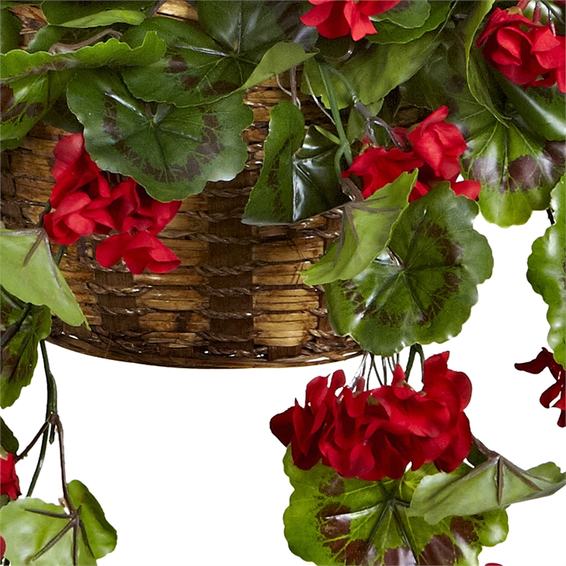 Nearly Natural Indoor/Outdoor Geranium Hanging Basket UV Resistant in Red/Brown