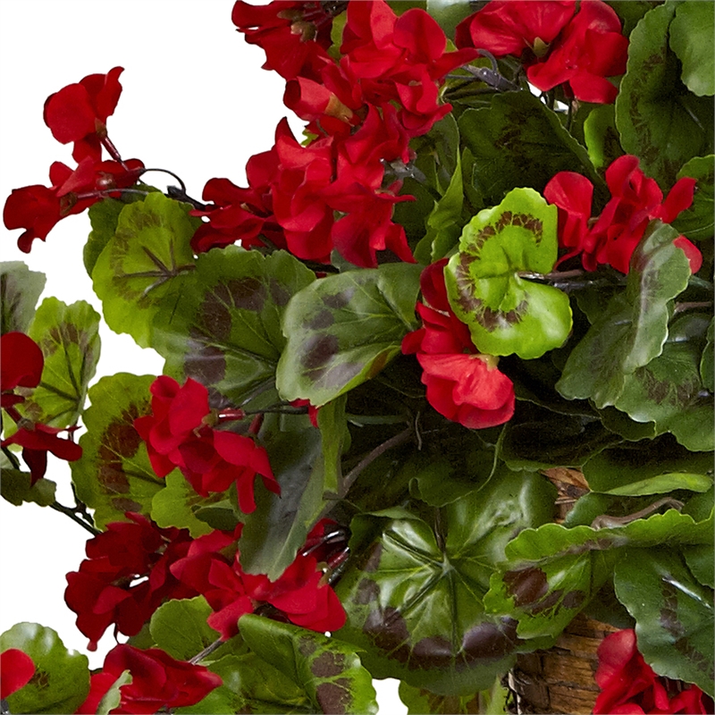 Nearly Natural Indoor/Outdoor Geranium Hanging Basket UV Resistant in Red/Brown