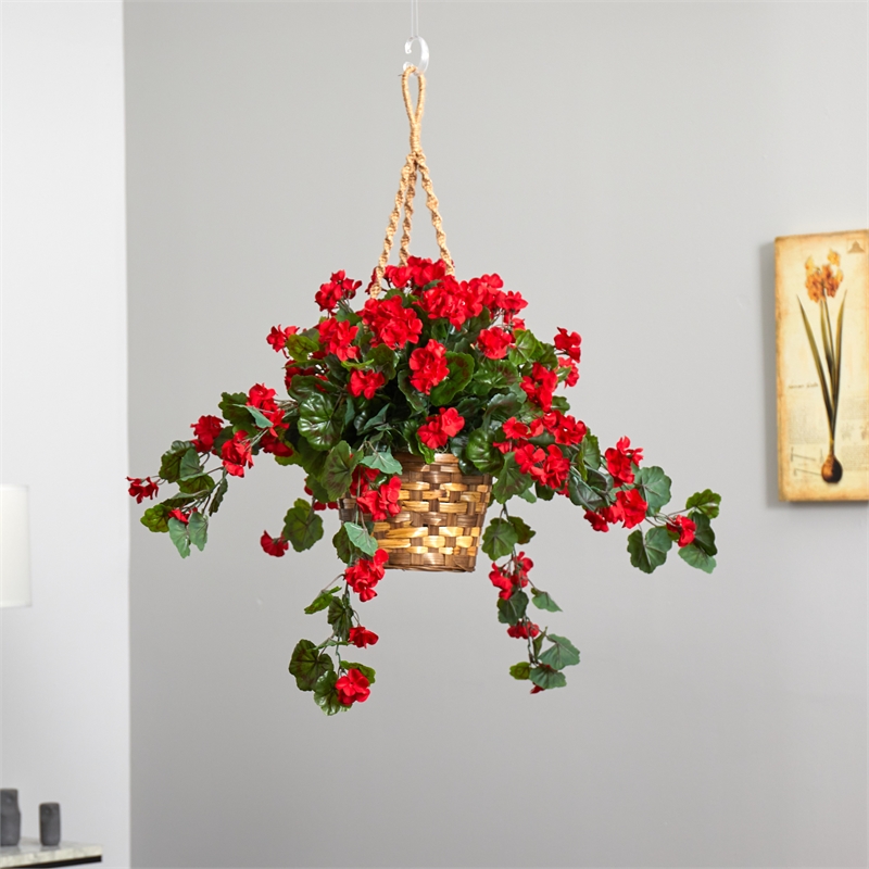 Nearly Natural Indoor/Outdoor Geranium Hanging Basket UV Resistant in Red/Brown