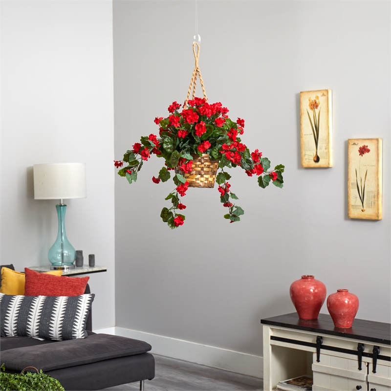 Nearly Natural Indoor/Outdoor Geranium Hanging Basket UV Resistant in Red/Brown
