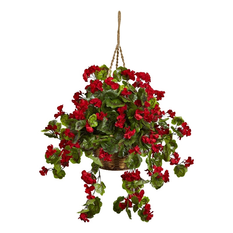 Nearly Natural Indoor/Outdoor Geranium Hanging Basket UV Resistant in Red/Brown