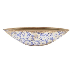 Nearly Natural 13&quot Tuscan Ceramic Blue Scroll Decorative Bowl in Blue