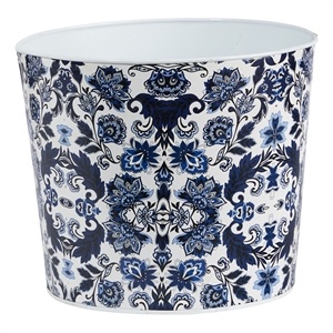 Nearly Natural 12&quot Oriental Blue and White Classic Round Metal Planter in Blue