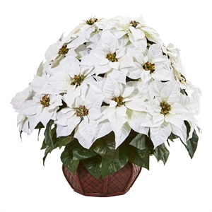 Nearly Natural Poinsettia Artificial Arrangement in Decorative Planter in White