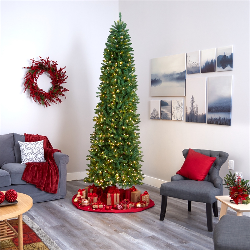 Nearly Natural 9ft Slim Green Mountain Pine Christmas Tree with 600 Clear LED