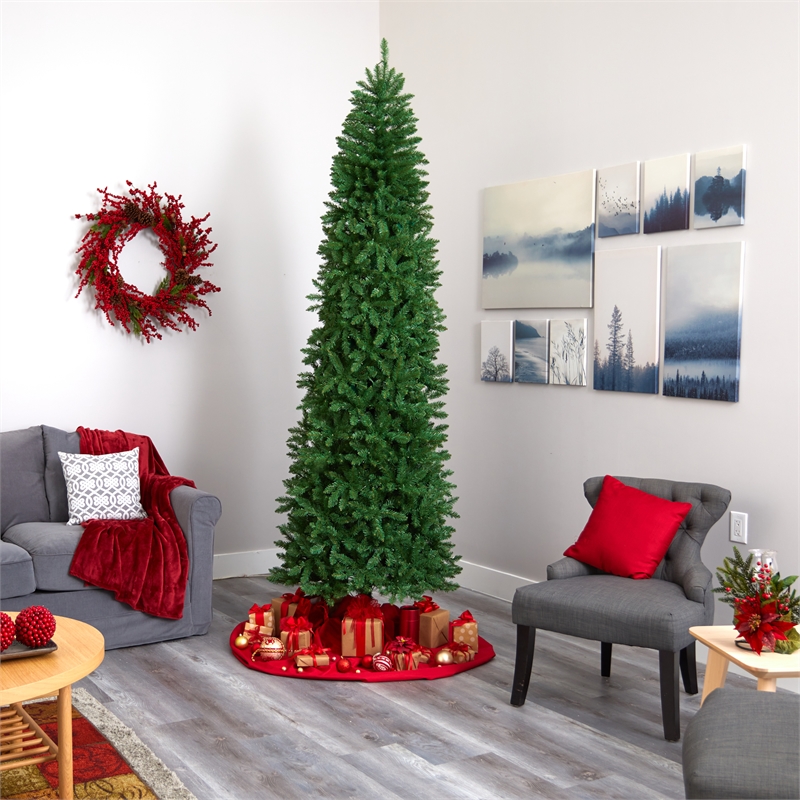 Nearly Natural 9ft Slim Green Mountain Pine Christmas Tree with 600 Clear LED