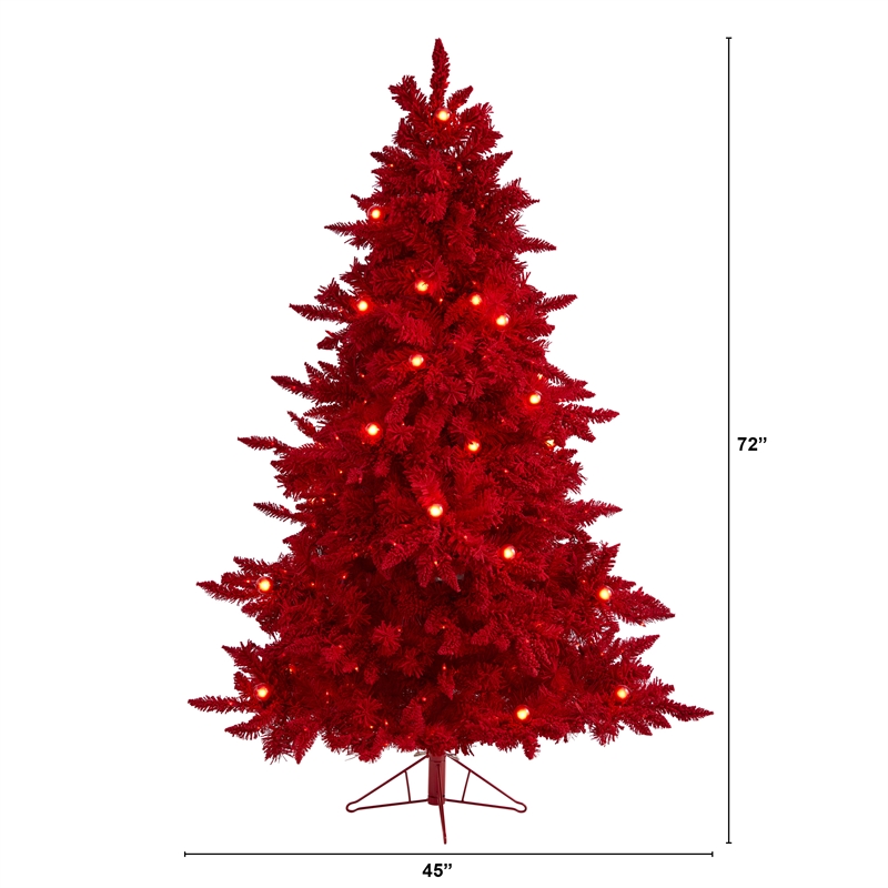 Nearly Natural 6ft Red Flocked Fraser Fir Christmas Tree with 350 Red Lights