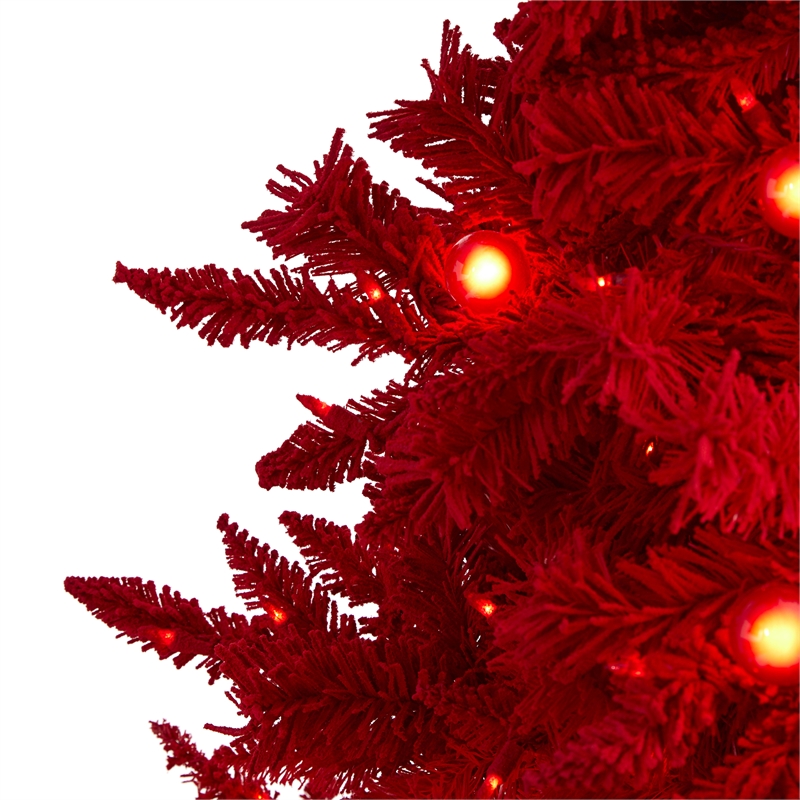 Nearly Natural 6ft Red Flocked Fraser Fir Christmas Tree with 350 Red Lights