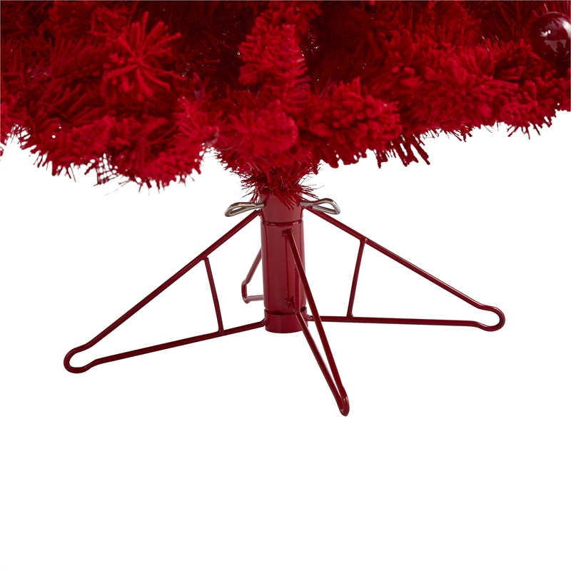 Nearly Natural 6ft Red Flocked Fraser Fir Christmas Tree with 350 Red Lights