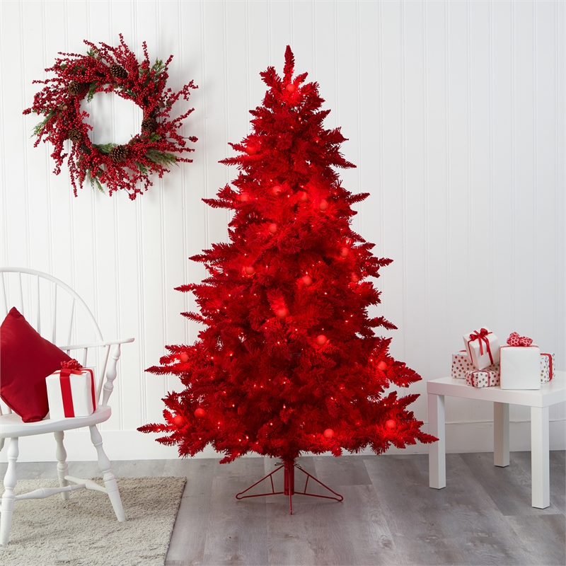 Nearly Natural 6ft Red Flocked Fraser Fir Christmas Tree with 350 Red Lights