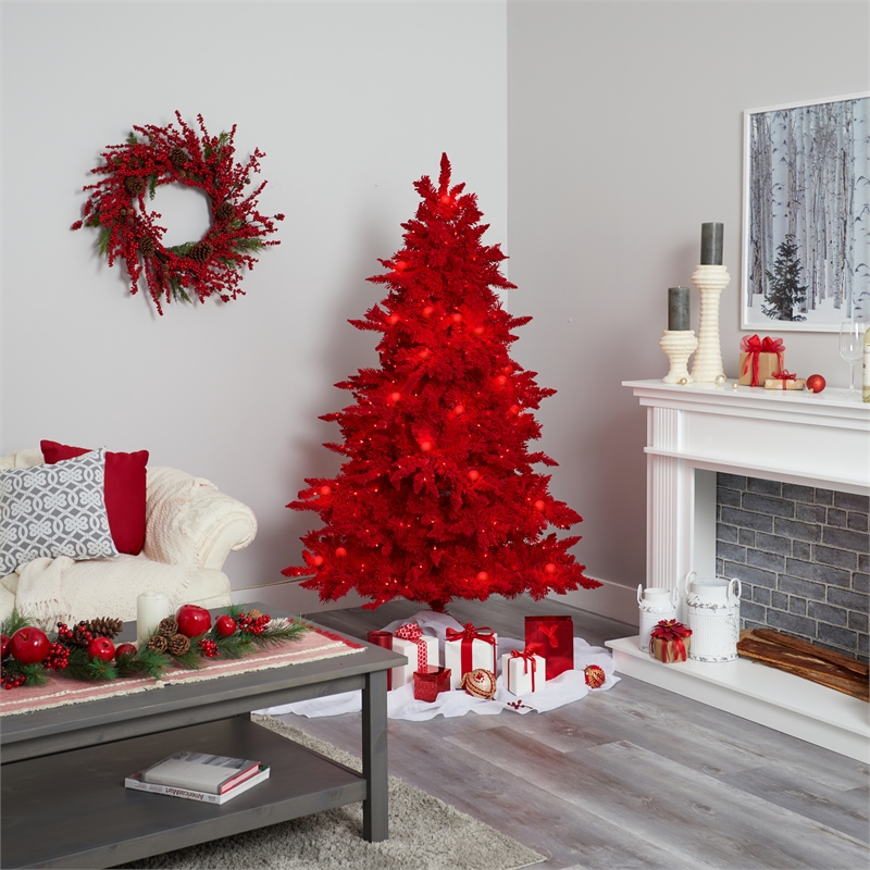 Nearly Natural 6ft Red Flocked Fraser Fir Christmas Tree with 350 Red Lights
