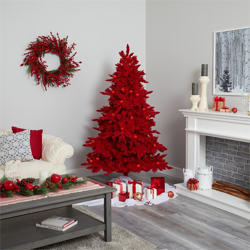 Nearly Natural 6ft Red Flocked Fraser Fir Christmas Tree with 350 Red Lights