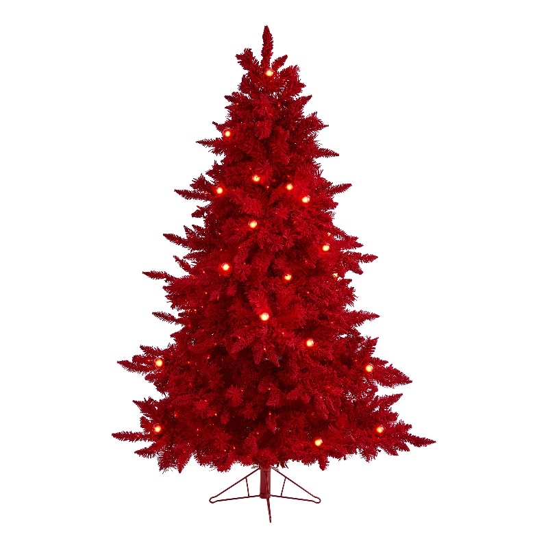 Nearly Natural 6ft Red Flocked Fraser Fir Christmas Tree with 350 Red Lights