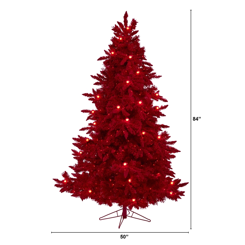 Nearly Natural 7ft Red Flocked Fraser Fir Christmas Tree with 500 Red Lights
