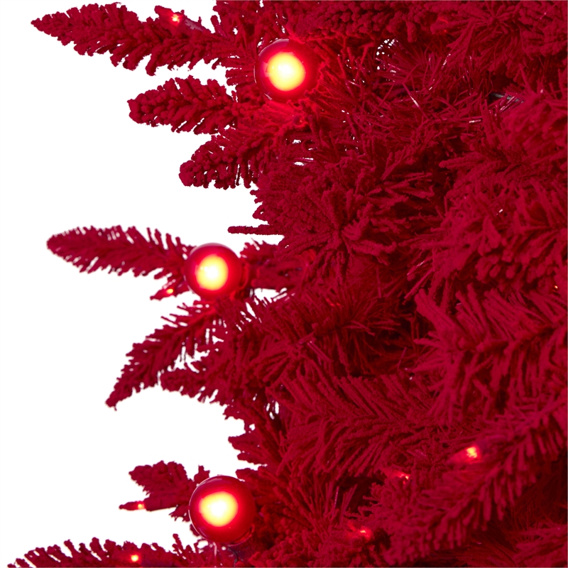 Nearly Natural 7ft Red Flocked Fraser Fir Christmas Tree with 500 Red Lights