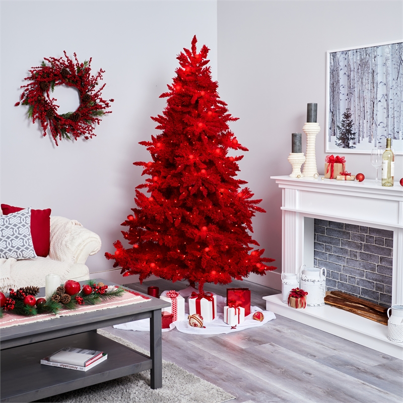 Nearly Natural 7ft Red Flocked Fraser Fir Christmas Tree with 500 Red Lights
