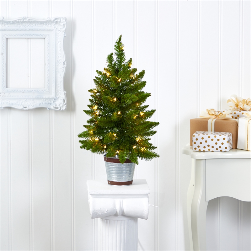 Nearly Natural 2ft Providence Pine Christmas Tree in Planter w/ 35 Lights