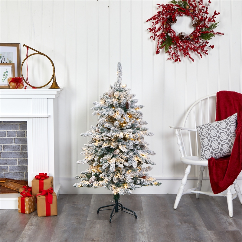 Nearly Natural 4ft Flocked Livingston Fir Christmas Tree w/ 150 Clear Warm LED