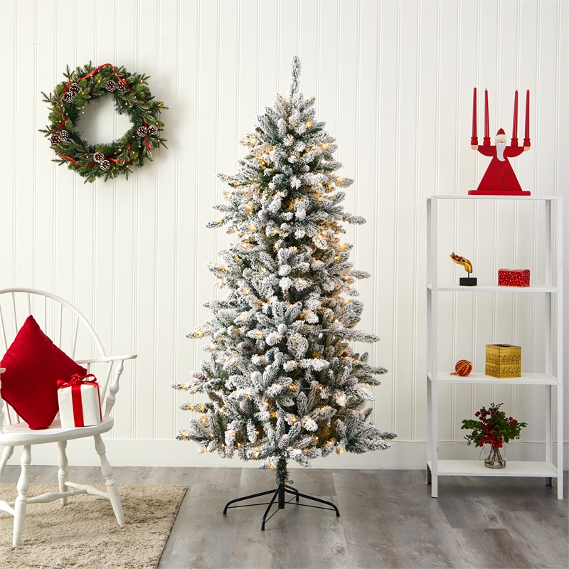 Nearly Natural 6.5ft Flocked Livingston Fir Christmas Tree w/300 Clear Warm LED