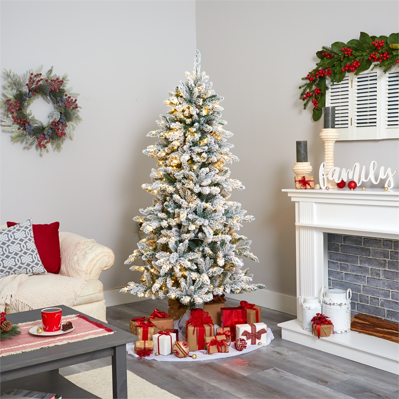 Nearly Natural 6.5ft Flocked Livingston Fir Christmas Tree w/300 Clear Warm LED