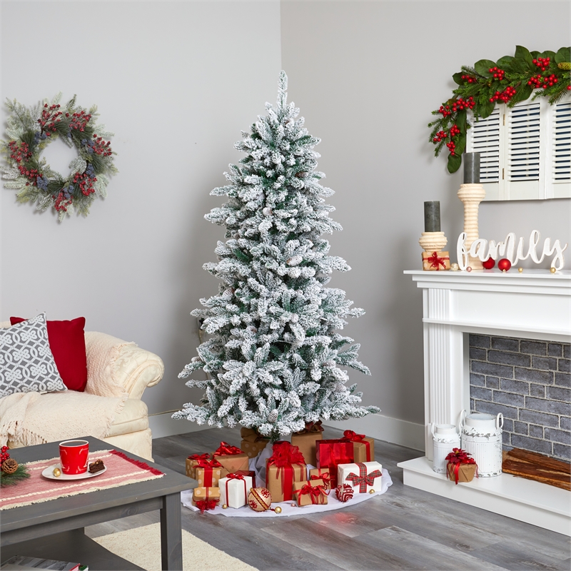 Nearly Natural 6.5ft Flocked Livingston Fir Christmas Tree w/300 Clear Warm LED
