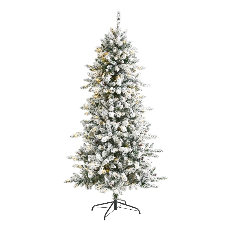 Nearly Natural 6.5ft Flocked Livingston Fir Christmas Tree w/300 Clear Warm LED