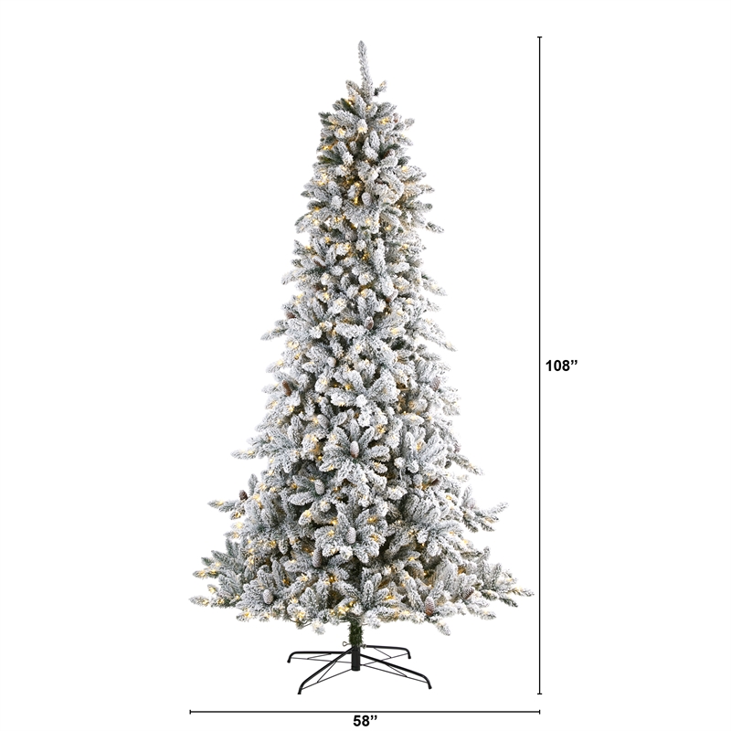 Nearly Natural 9ft Flocked Livingston Fir Christmas Tree w/ 650 Clear Warm LED
