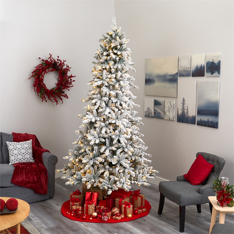 Nearly Natural 9ft Flocked Livingston Fir Christmas Tree w/ 650 Clear Warm LED