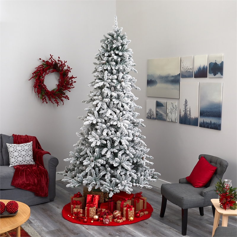 Nearly Natural 9ft Flocked Livingston Fir Christmas Tree w/ 650 Clear Warm LED