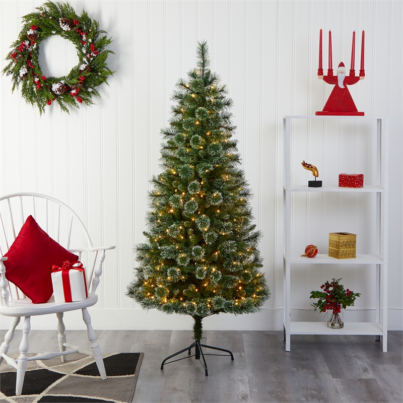 Nearly Natural 6ft Wisconsin Slim Snow Tip Pine Christmas Tree w/300 Clear LED