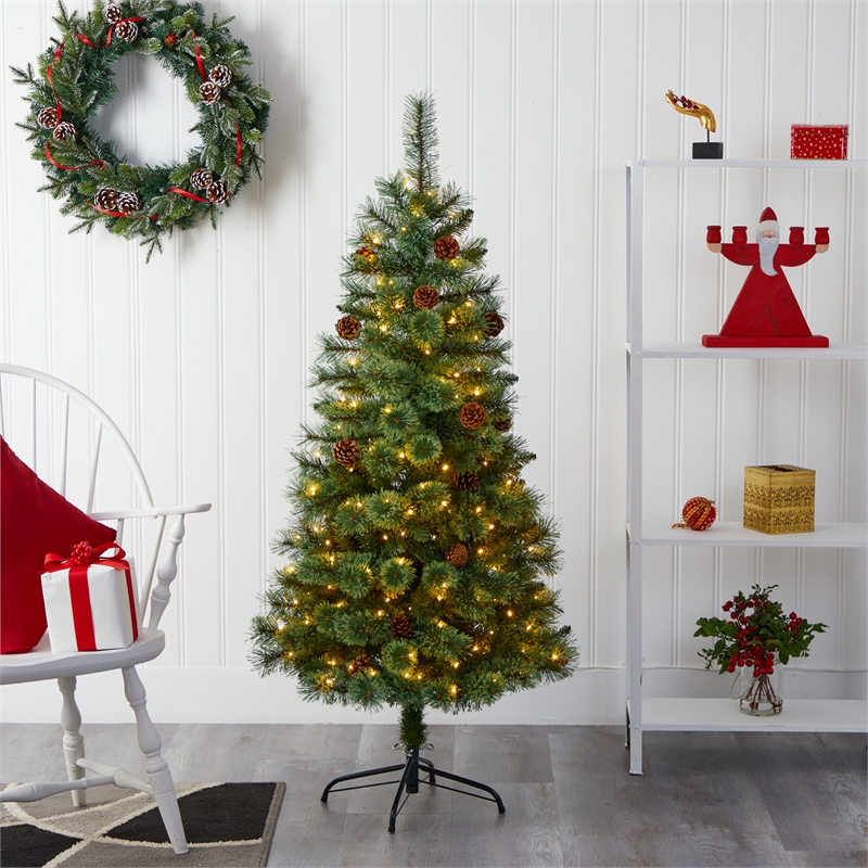 Nearly Natural 5ft White Mountain Pine Christmas Tree w/200 Clear LED